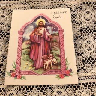 Vintage Greeting Card Easter Christ Lambs Sheep Flowers