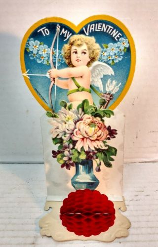 Vintage Pop Up 3d Valentine Card Cupid & Flowers Hearts Early 1900 