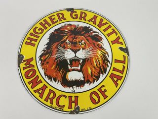 Vintage Gilmore Oil Lion Higher Gravity Monarch Of All Porcelain Sign Gas 12”
