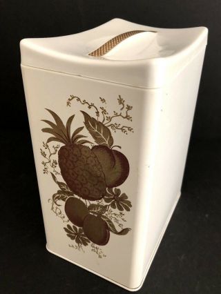 Vintage White Metal Tin Ransburg Rectangle Kitchen Canister With Fruit Pattern