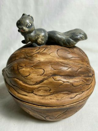 Ceramic Lidded Nut Dish Shaped Walnut With Squirrel On Top