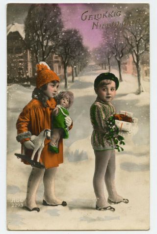C 1930 Child Children Little Girl W/ Doll Toy Horse Snow Cute Kid Photo Postcard