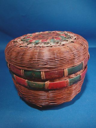 Small Round Vintage Woven Sewing Basket With Lid @h