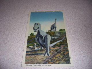 1940s Tyrannosaurus Rex At Dinosaur Park Rapid City Sd.  Linen Postcard