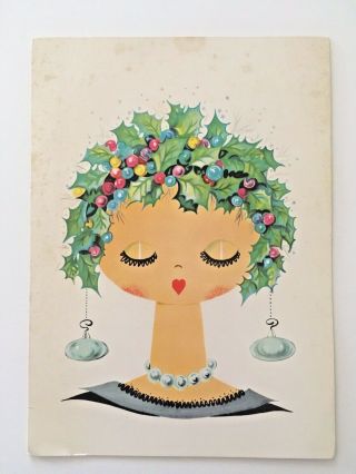 Vintage Mid Century Modern Christmas Card Contempora Lady Holly Bulbs