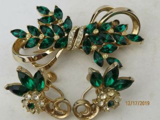 Vintage Signed Coro Craft Duette Green Rhinestone Pin Brooch & Earrings