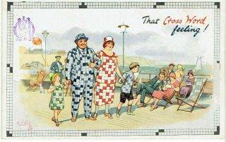 R Tuck Artist Drawn Old Postcard The Crossword Craze Family On Seafront