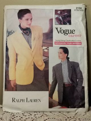 Vintage Vogue Career Pattern Ralph Lauren Jacket 2134 Size 12 - 14 - 16