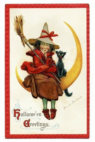 Witch W Broom N Black Cat Postcard 1912 Frances Brundage Crescent Moon Embossed