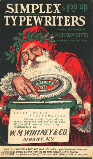Albany Ny W.  M.  Whitney & Co Red Suited Santa Claus Simplex Typewriters Postcard