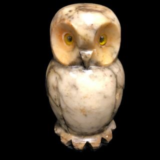 Alabaster Hand Carved 4 " Owl Figurine Glass Eyes Made In Italy