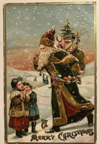 Long Green Robe Santa Claus With Children Toys Antique Christmas Postcard - K983