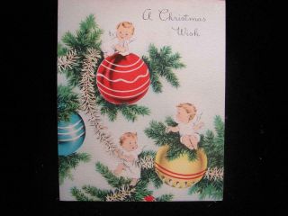 Vintage " Angels Enjoying The Ornaments " Christmas Greeting Card