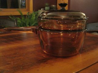 A Corning Vision Ware Amber Glass 1.  5 Liter Double Boiler Sauce Pan Usa Lid