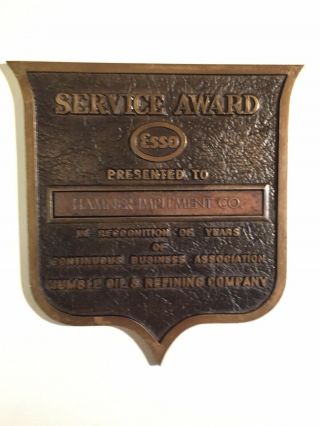 Vintage Esso Service Award Plaque Bronze Humble Oil & Refining Company 8 X 8