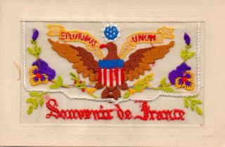 Us Presidential Seal Souvenir De France: Ww1 Patriotic Embroidered Silk Postcard