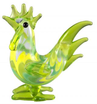 Miniature Hand Blown Art Glass Wavy Green Rooster Chicken Figurine 1.  25 " High