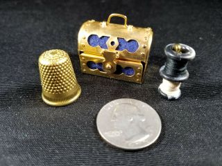 Brass Thimble Holder Blue Treasure Chest Shape - Made In Italy Trinket Box Cool