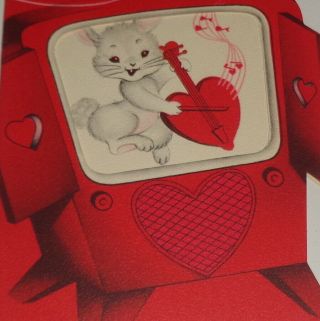 Vintage Valentine Card,  Fun Rabbit On Old Fashioned Tv Set,  5 "