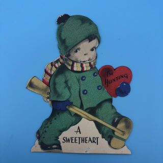 Vintage Greeting Card Valentine Sweet Boy Hunting Rifle 1940’s