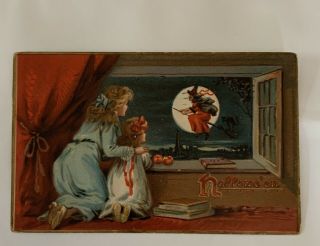 Vintage Halloween Postcard - Raphael Tuck - Girls Watch Witch Fly Past Moon 150