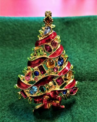 Vintage Christopher Radko Christmas Tree Crystal & Enamel Pin/brooch