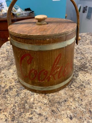 Vintage Wooden Bucket Cookie Jar W/lid & Handle Usa Rare