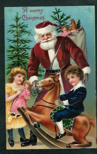Long Robe Santa Claus With Children Toys Rocking Horse Christmas Postcard - K861
