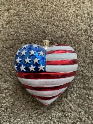 Christopher Radko American Flag Heart Usa Patriotic Glass Ornament Large