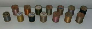 14 Vintage Full Spools Of Thread (wooden Spools / Silk Thread)