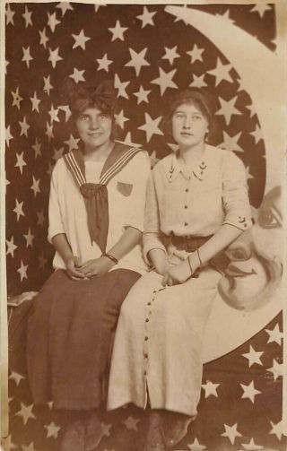 2 Women On Paper Moon Studio Prop In Philadelphia,  Pa,  Real Photo Pc C 1910 - 20