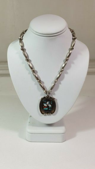 Native American Zuni Pendant Bead Necklace Sterling Turquoise Navajo Vintage