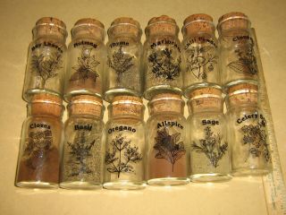 Vintage Glass Spice Bottles Enameled Names Cork Stoppers Set Of 12 Jars
