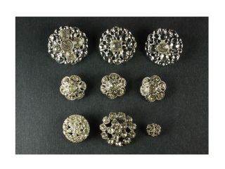 Vintage Set Of Nine Silver Toned With Clear Stones Sew On Buttons