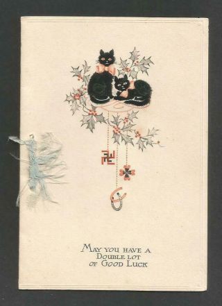 W09 - Black Cats And Lucky Symbols - Vintage Folding Xmas Card