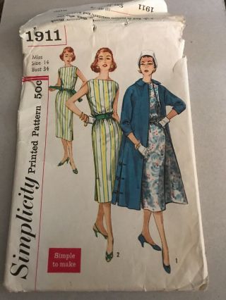 Simplicity 1911 One Piece Dress & Coat Size 14 Vintage Sewing Pattern 1960’s