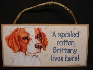 Brittany A Spoiled Rotten Dog Sign Wood Wall Hanging Plaque Spaniel Puppy Usa