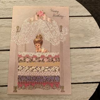 Vintage Greeting Card Baby Congrats Pretty Flowers Umbrella