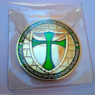 Knights Templar Commemorative Two Sided Thick Golden Coin 1.  5 " Green Enamel
