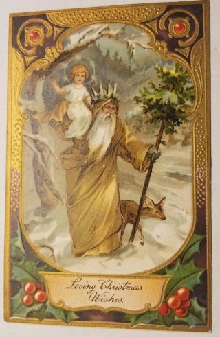 Vintage Christmas Postcard Brown Robe Santa With Christ Child,  Snow & Deer