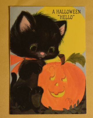 Vintage Halloween Hallmark Greeting Card - Cute Black Kitty Cat Jol Pumpkin