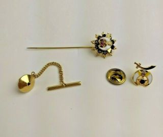 Vintage Shriners Crescent Moon Sword Tie Tack & Stick Pin Set Enamel Goldtone