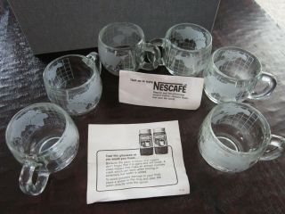 1970s Vtg Nestle Nescafe World Globe Etched Frosted Glass Cocoa Coffee Mugs Cups