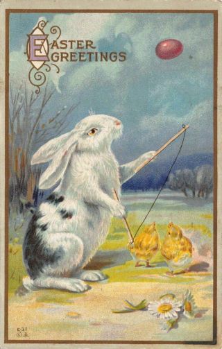 Easter Postcard Bunny Rabbit Flipping Colored Eggs String Diablo,  Yo - Yo - B955