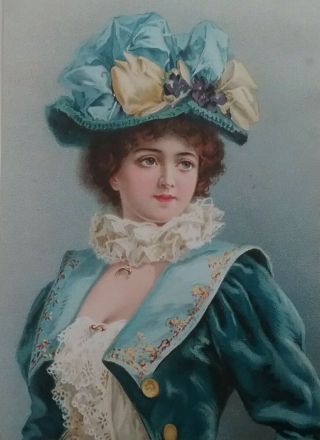 L Antiqueemboschromo Victorian Scrap/pic/ad.  Beautifully Dressed Woman 15x11cm