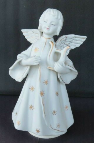 Schmid Porcelain Rotating Musical Angel With Harp - Silent Night - 7 - 1/2h X 4 - 1/4
