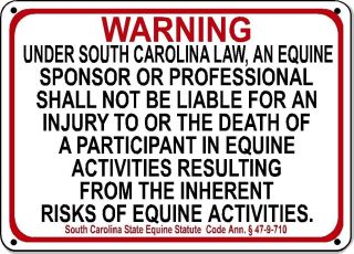 South Carolina Equine Sign Liability Warning Statute Horse Farm Barn Stable