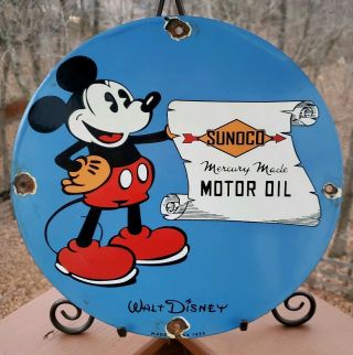 Vintage 1933 Sunoco Motor Oil Porcelain Sign,  Mickey Mouse,  Gas,  Pump Plate