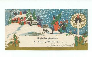 Art Deco Design Vtg Christmas Card Man Carrys Tree Home Boy Dog Snowing Bright