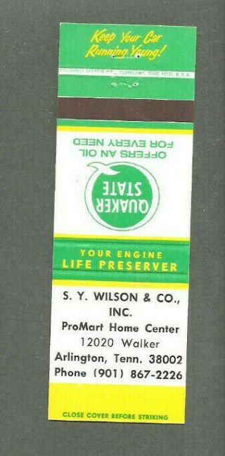 Vintage S.  Y.  Wilson & Co Inc Arlington Tn Quaker State Motor Oil Matchbook Cover